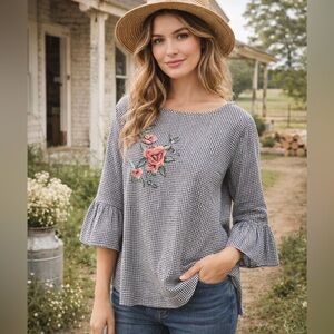 Downeast XL Gingham Embroidered Floral Ruffle Sleeve Top Farmhouse Cottagecore